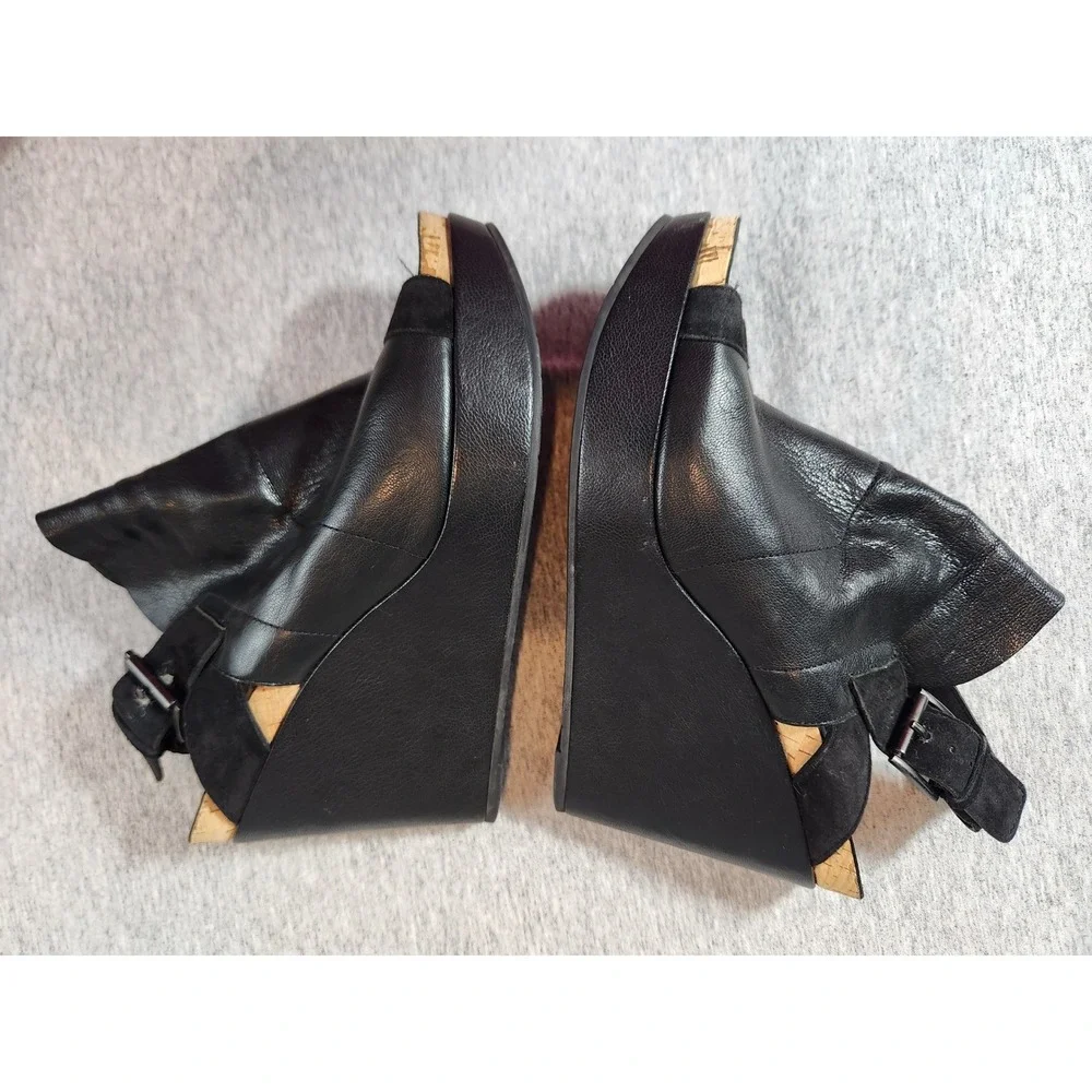 Eileen Fisher Wedge Sandals Womens 8 Black Leather Ruched Platform Slingback
